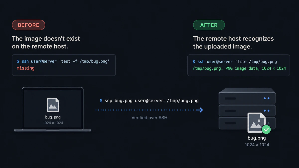 A visual summary of the tested SSH workflow: the image is missing on the remote host before scp and recognized as a PNG afterward.